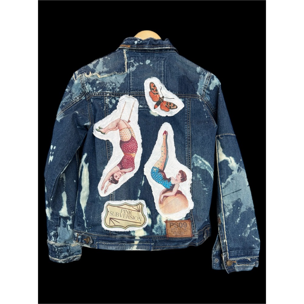 Circus Pin-Up Patchwork Denim Jacket | Distressed |‎ Large - Picture 3 of 16